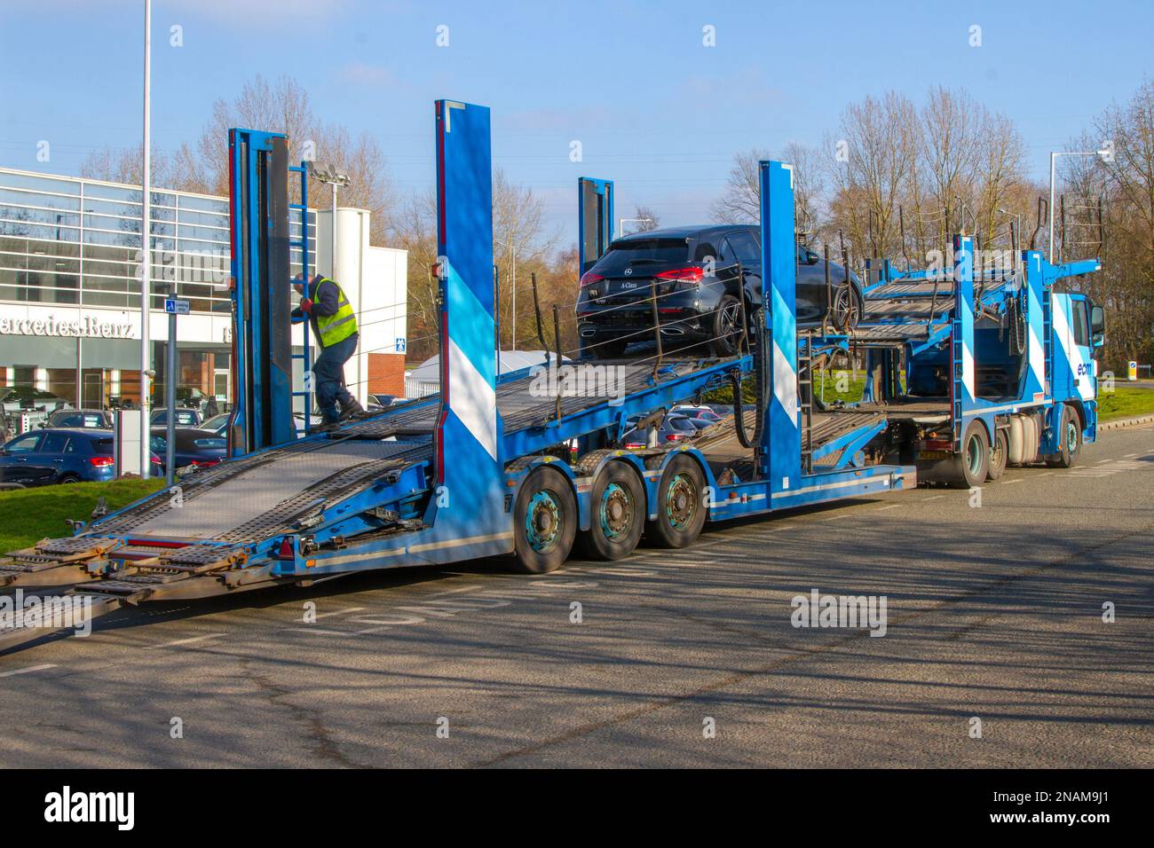 ECM 11-car carrier, Transporter Engineering Plus 11, unloading at Mercedes Benz dealership in Preston motor park, UK Stock Photo
