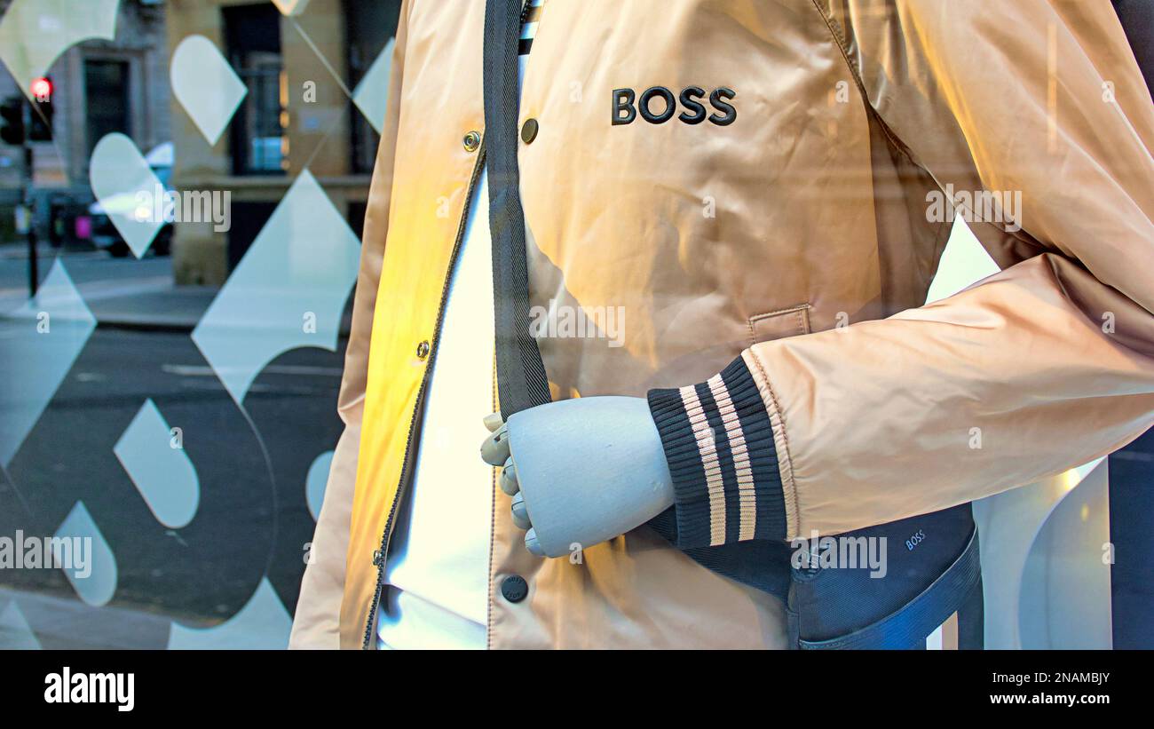 Hugo boss fashion jacket window display Stock Photo