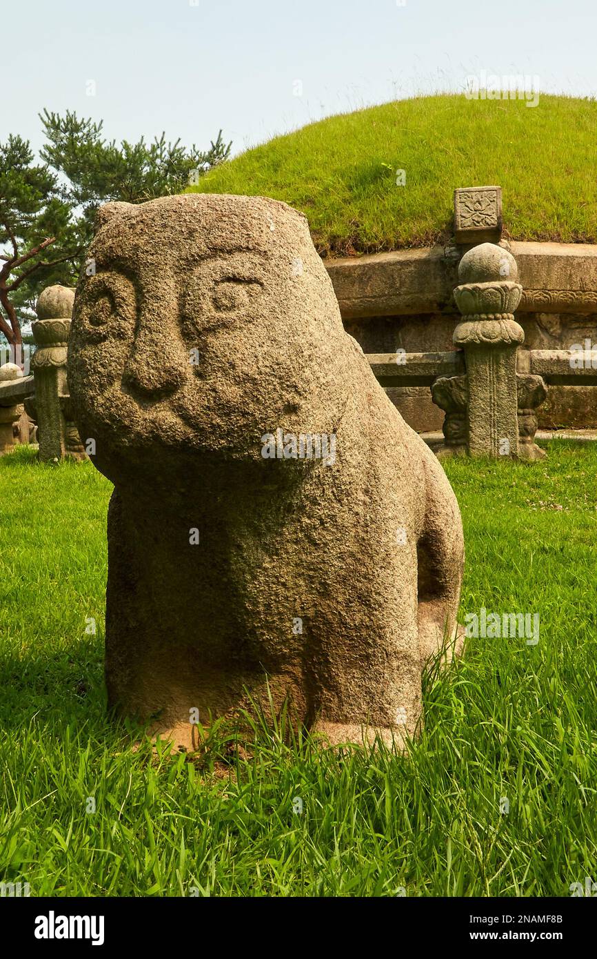 Korean Tiger Statue Carved in Stone at Burial Mound Stock Photo