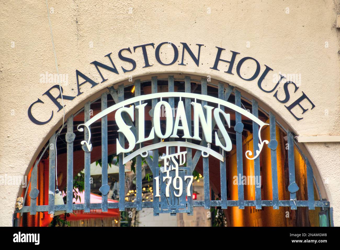 Sloans  Bar & Restaurant sign, Cranston house, Glasgow, Stock Photo