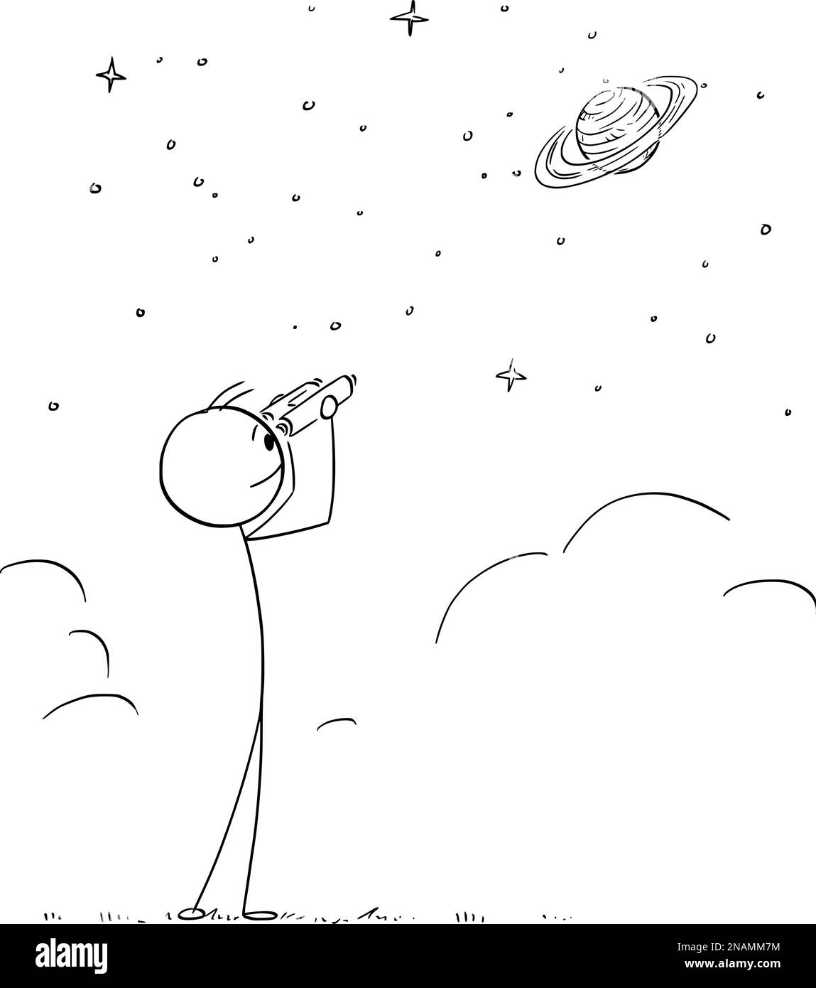 Person With Binoculars Watching Planet Saturn, Vector Cartoon Stick Figure Illustration Stock Vector