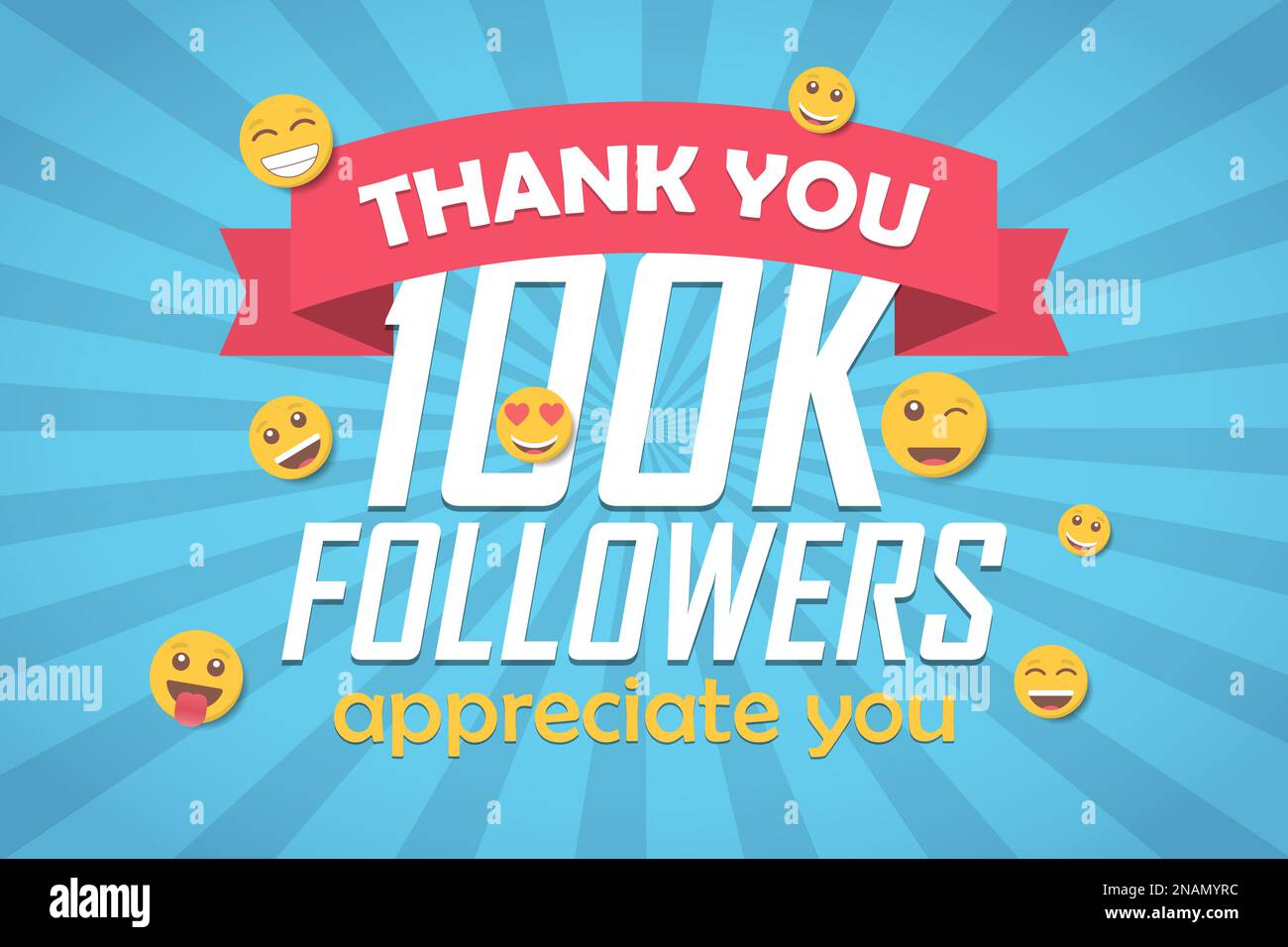 Thank you 100k followers congratulation background with emoticon. Vector illustration Stock Vector
