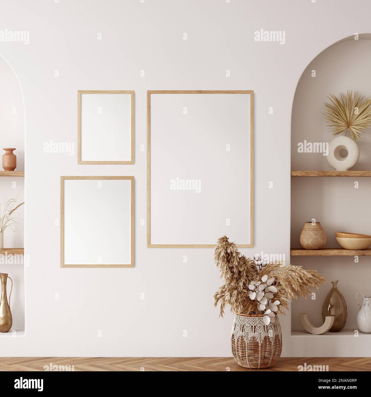 Angle frame, angle interior, and poster mockup in Boho style interior