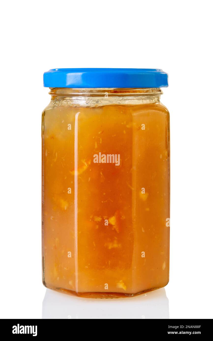 Apricot jam in Glass jar with blue cap isolated on white with clipping path Stock Photo Alamy