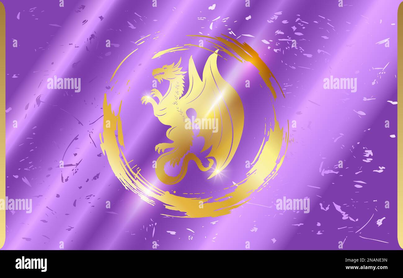 Golden dragon in a ring on a purple background. Fantasy blue and gold