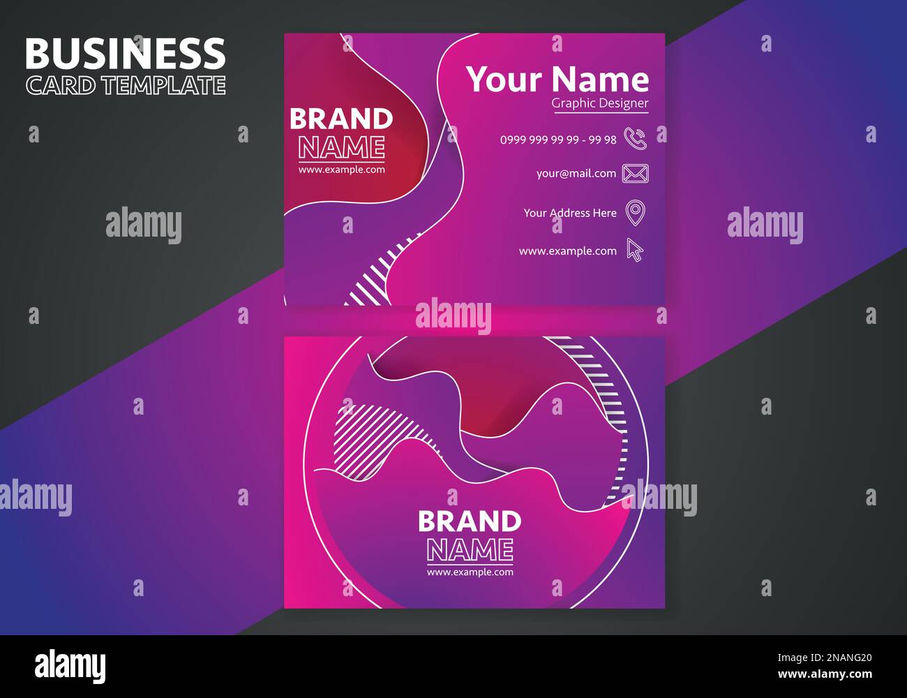 Purple business card template with flowing liquid shapes, amoeba forms