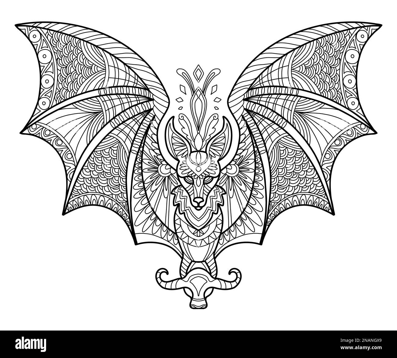 Stylized bat close up. Hand drawn sketch black contour vector illustration. For adult antistress coloring page, print, design, decor, T-shirt, emblem, Stock Vector