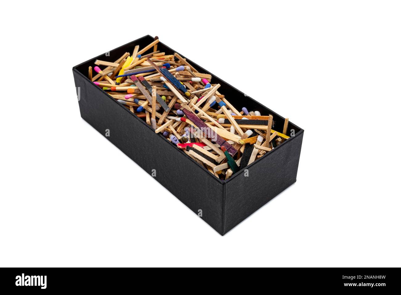 big black cardboard box with matchsticks of various shapes and colors Stock Photo Alamy