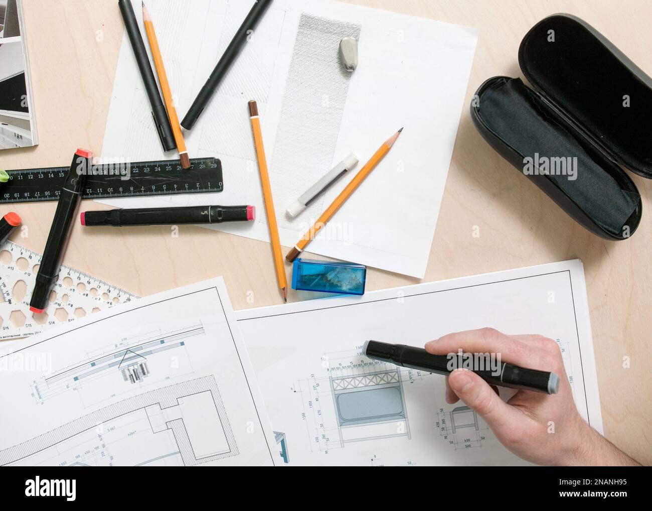 Designer workplace. Engineer projects furniture Stock Photo