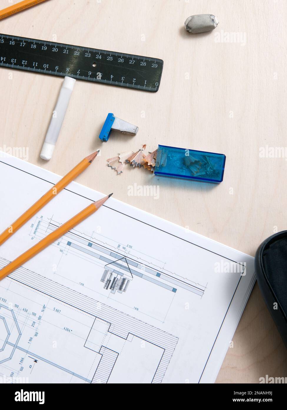 Designer tools on drawing schetch Stock Photo
