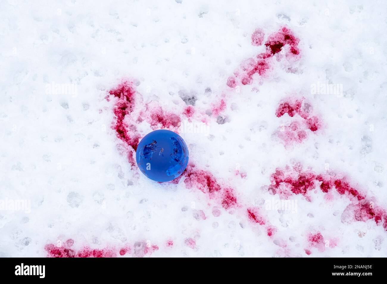 The concept of symbolism. crystal earth globe on snow with blood stains
