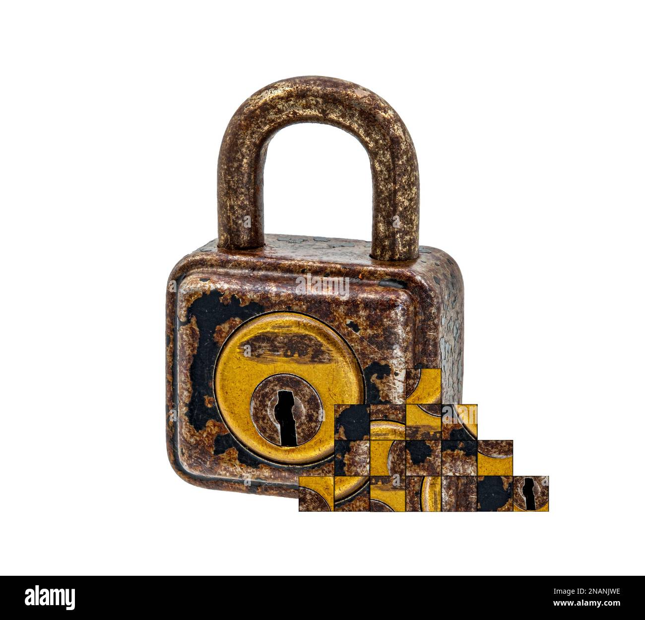 old rusty lock on white background, pixelated layers Stock Photo - Alamy