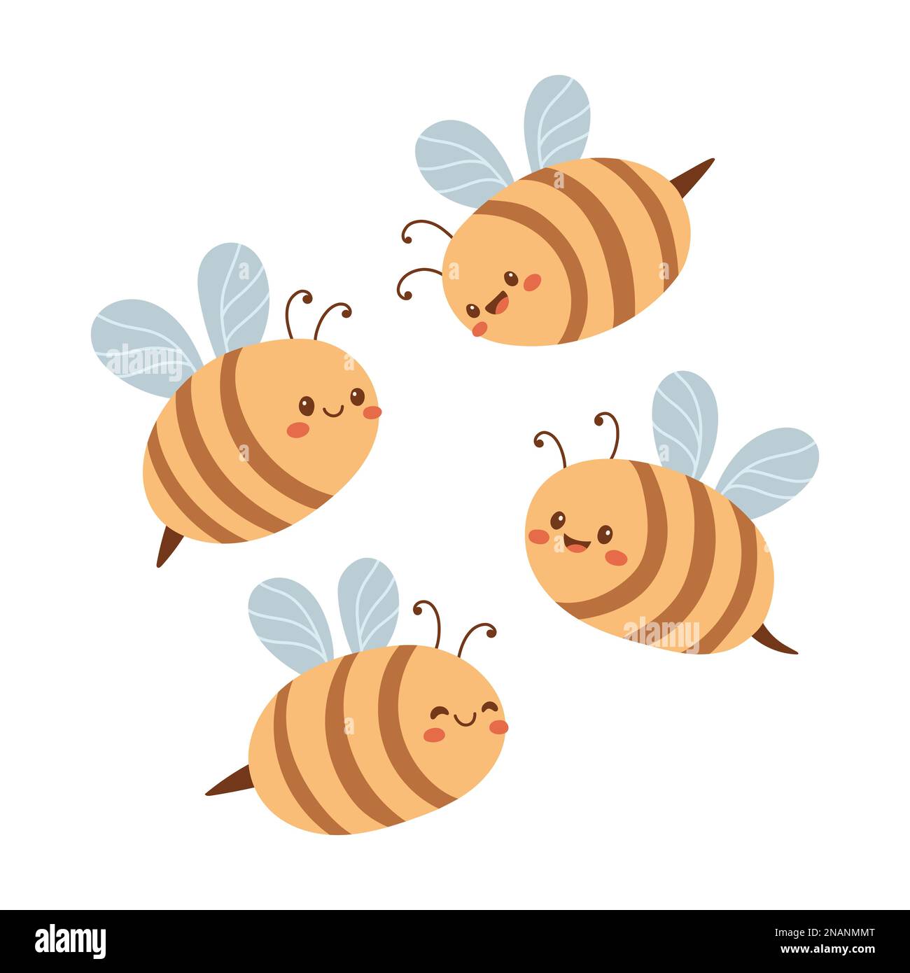 Cute bees set fly. Vector illustration of doodle bee in flat style
