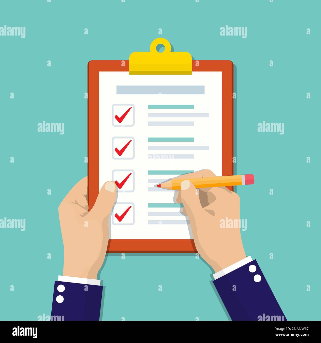 Businessman hands holding clipboard checklist with pencil in a flat ...