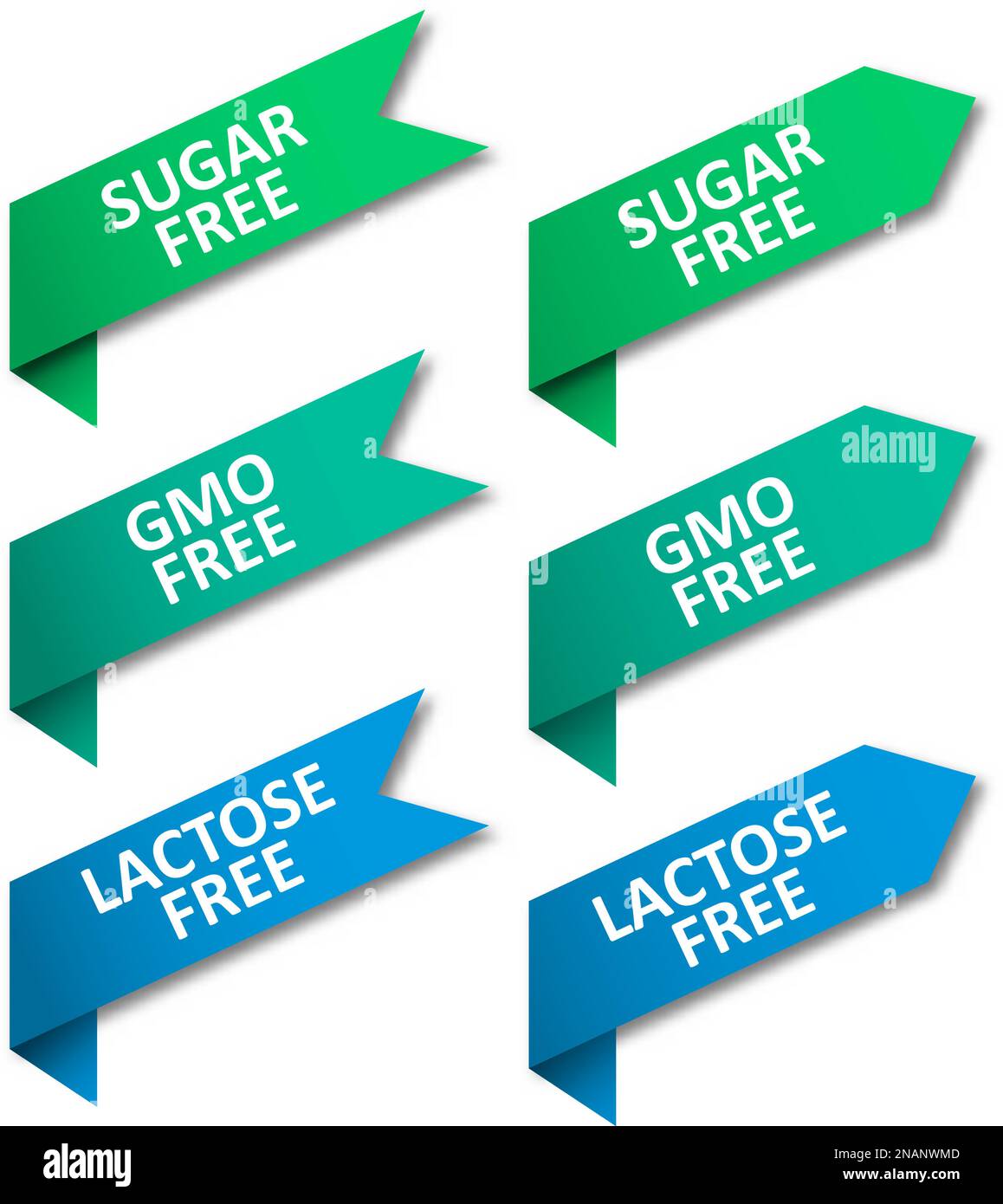 Set of tags ribbons. Sugar free, GMO free, lactose free Stock Vector