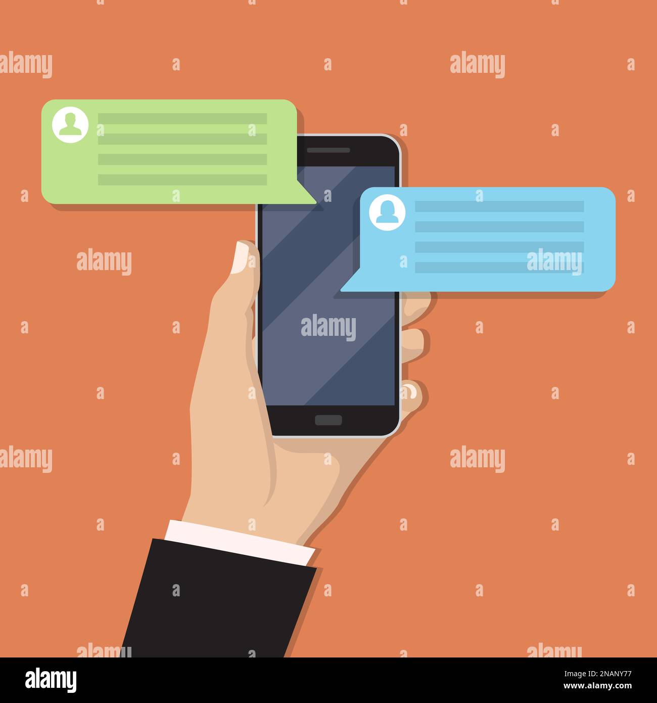 Hand holding smartphone with chat message in a flat design. Stock Vector