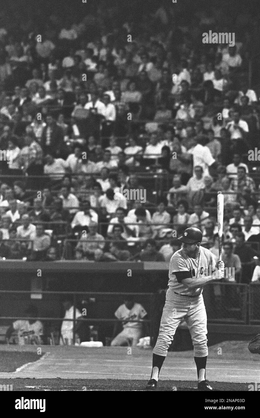 New York Yankee’s slugger Mickey Mantle is shown taking his last turn