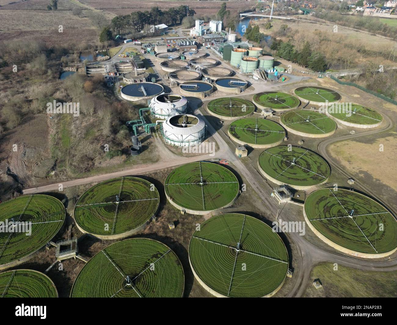 Aerial view of Welsh Water sewage treatment water works at Hereford