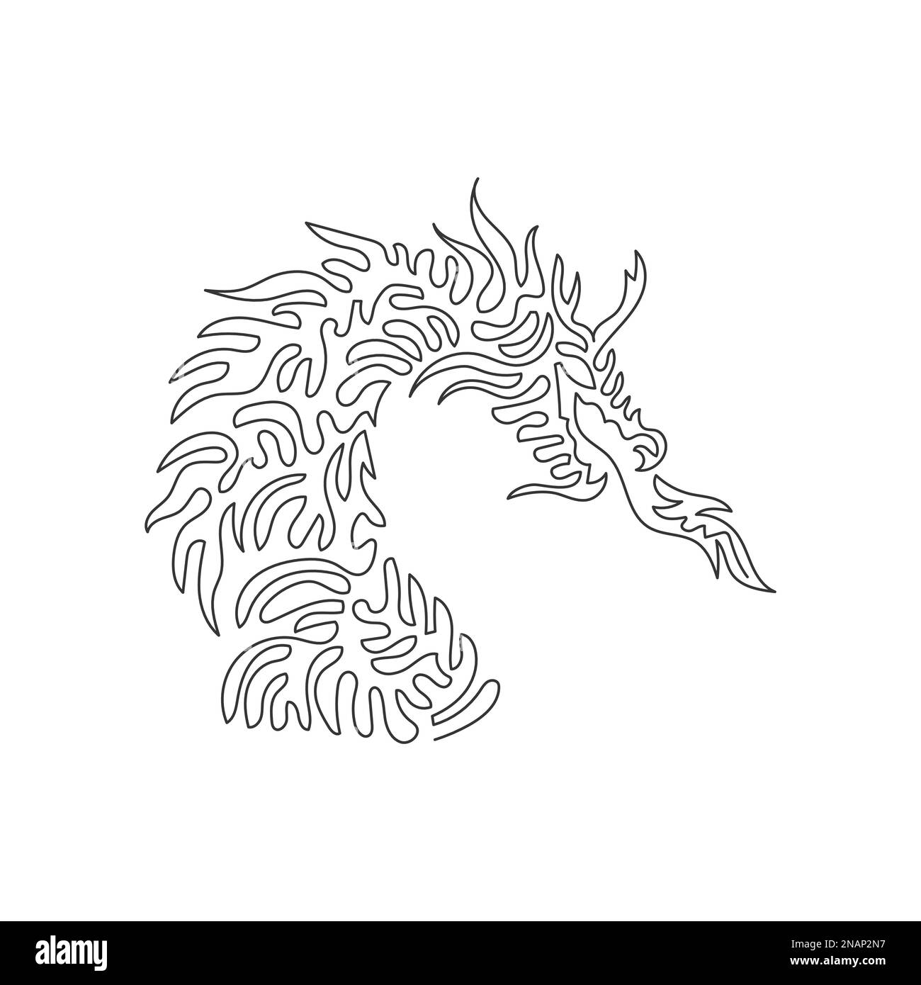 Continuous curve one line drawing of gruesome dragon curve abstract art. Single line editable stroke vector illustration of fire-breathing dragon Stock Vector