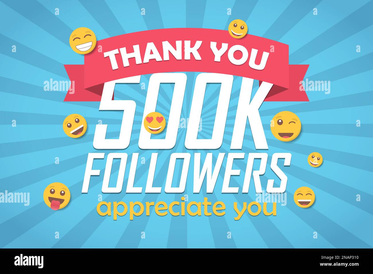 Thank you 500k followers congratulation background with emoticon. Vector illustration Stock Vector