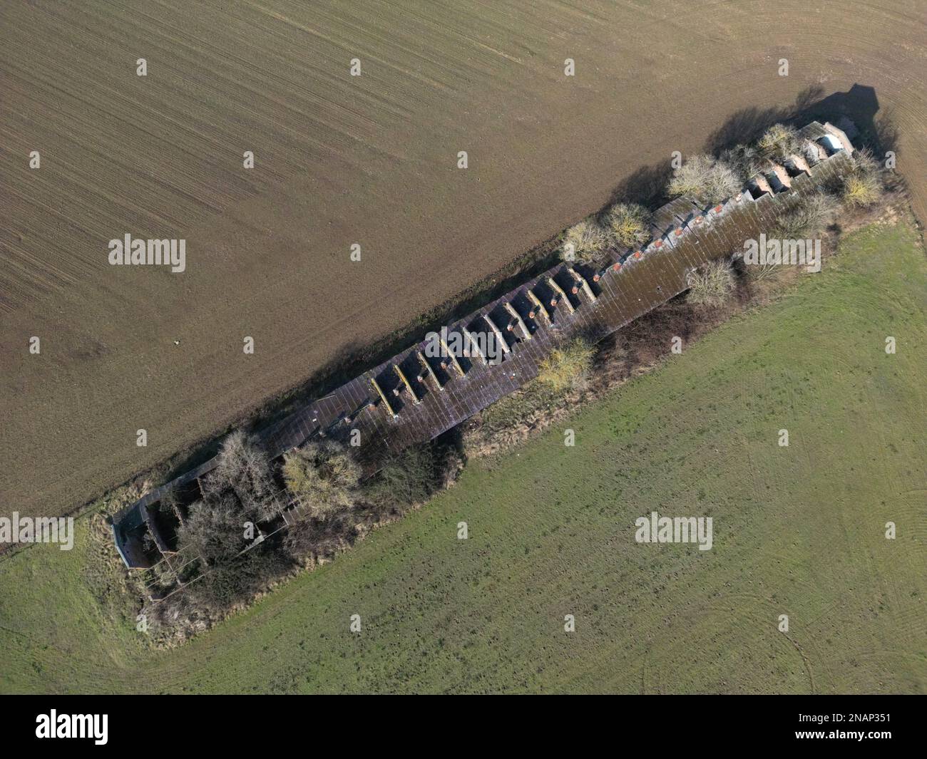 Arial view of derelict munitions factory building at the former ROF Rotherwas, Hereford UK -  taken in February 2023 Stock Photo