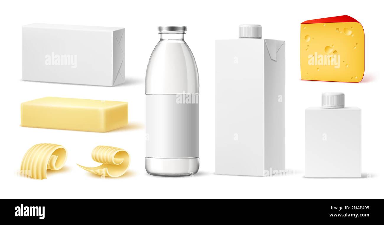 Realistic dairy products. Different natural milk drinks and food, 3d