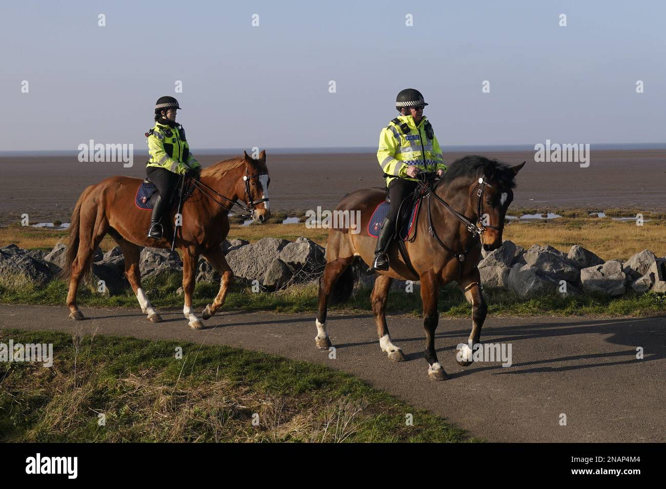 Mounted police in Knott End-on-Sea take part in the search for missing woman Nicola Bulley, 45, who vanished on January 27 in Wyre, Lancashire, while walking her springer spaniel Willow shortly after dropping her daughters, aged six and nine, at school. Picture date: Monday February 13, 2023. Stock Photo