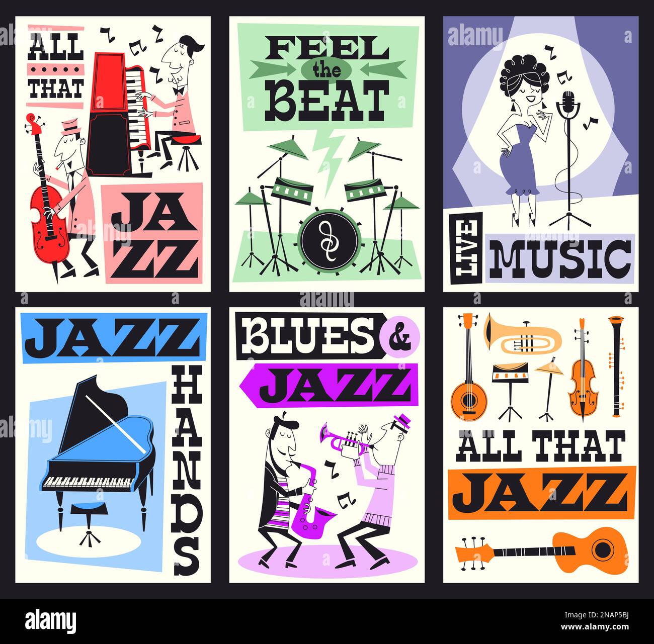 Jazz music festival cards. Funny artists with different instruments, invitational concert posters, live music party time, modern cartoon characters Stock Vector