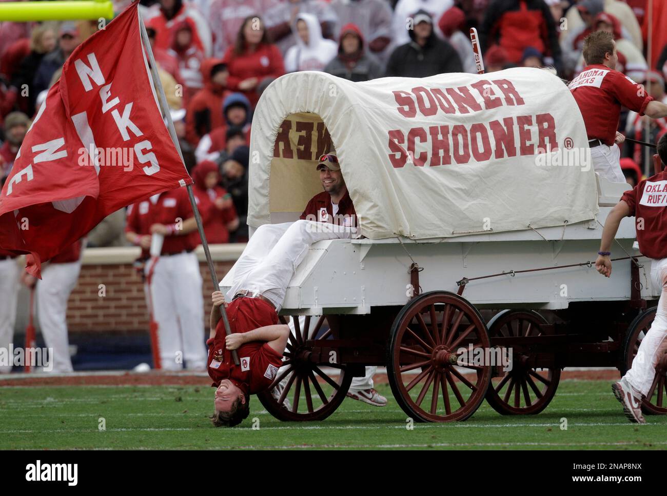 The Sooner Schooner is driven onto the field to celebrate an Oklahoma