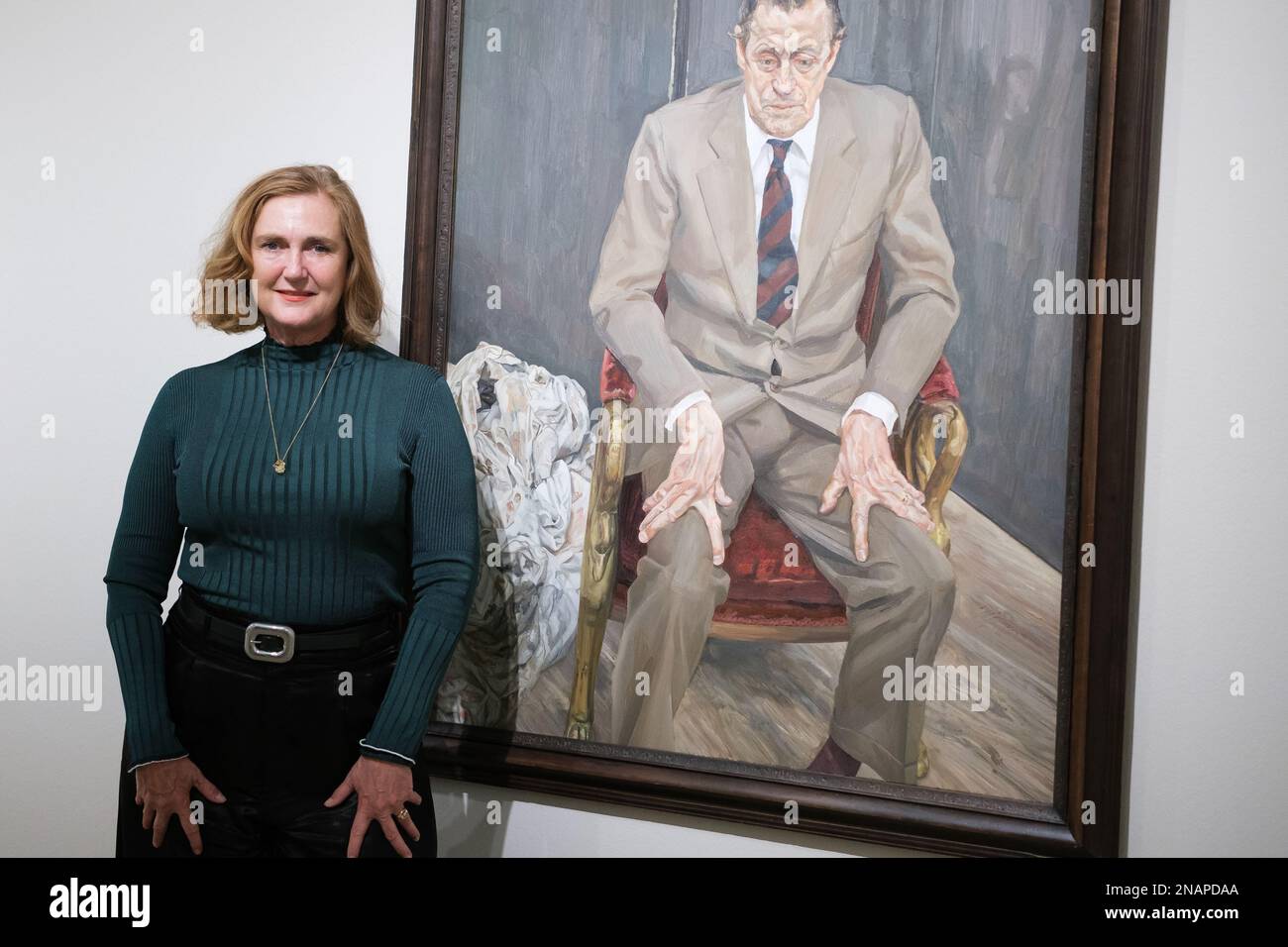 Francesca Thyssen-Bornemisza poses next to the painting 'man in a chair (portrait of Baron Thyssen)' during the presentation of the Lucian Freud exhibition at the Thyssen-Bornemisza museum in Madrid. Stock Photo