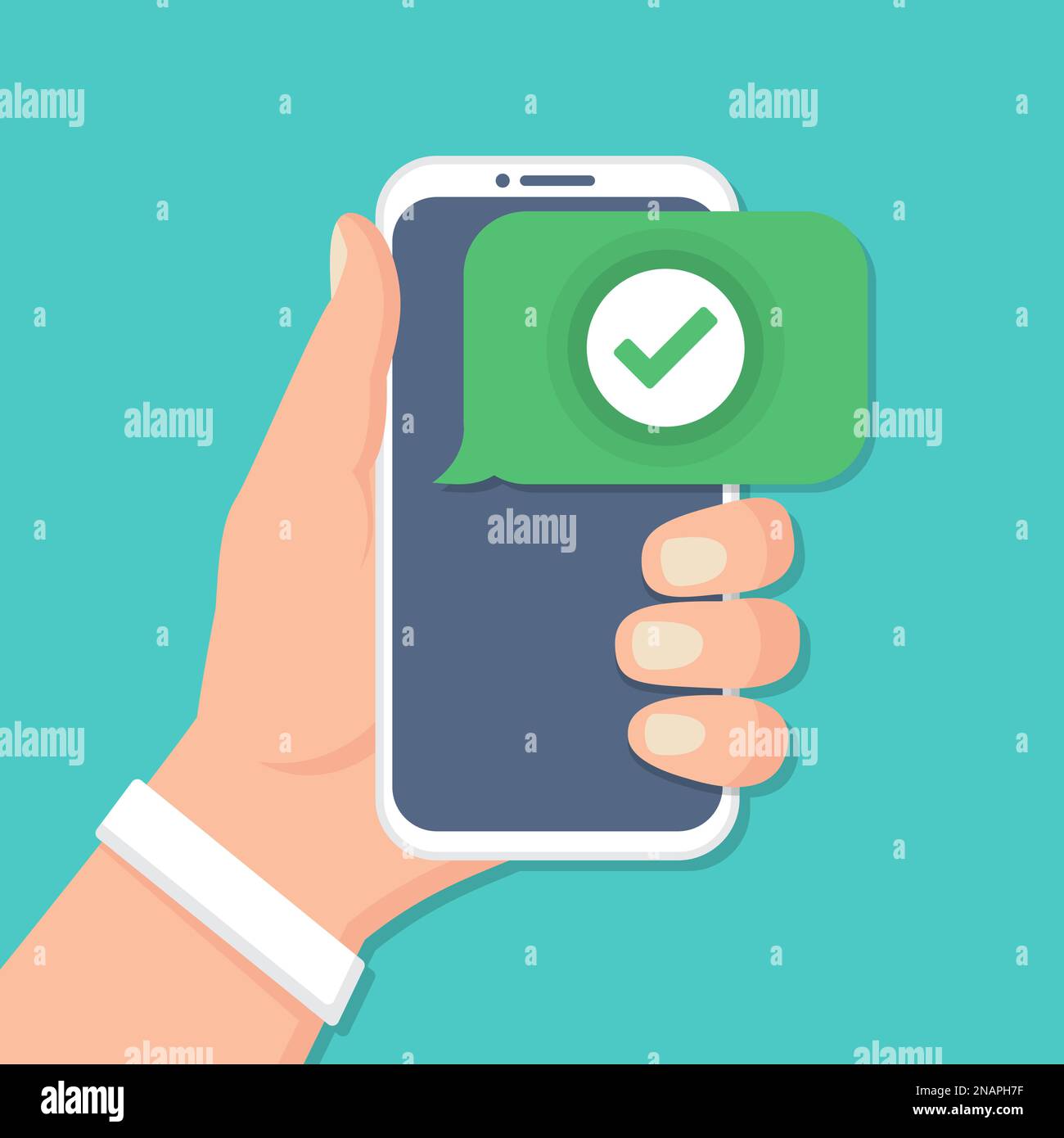 Hand holding smartphone with check icon in a flat design Stock Vector