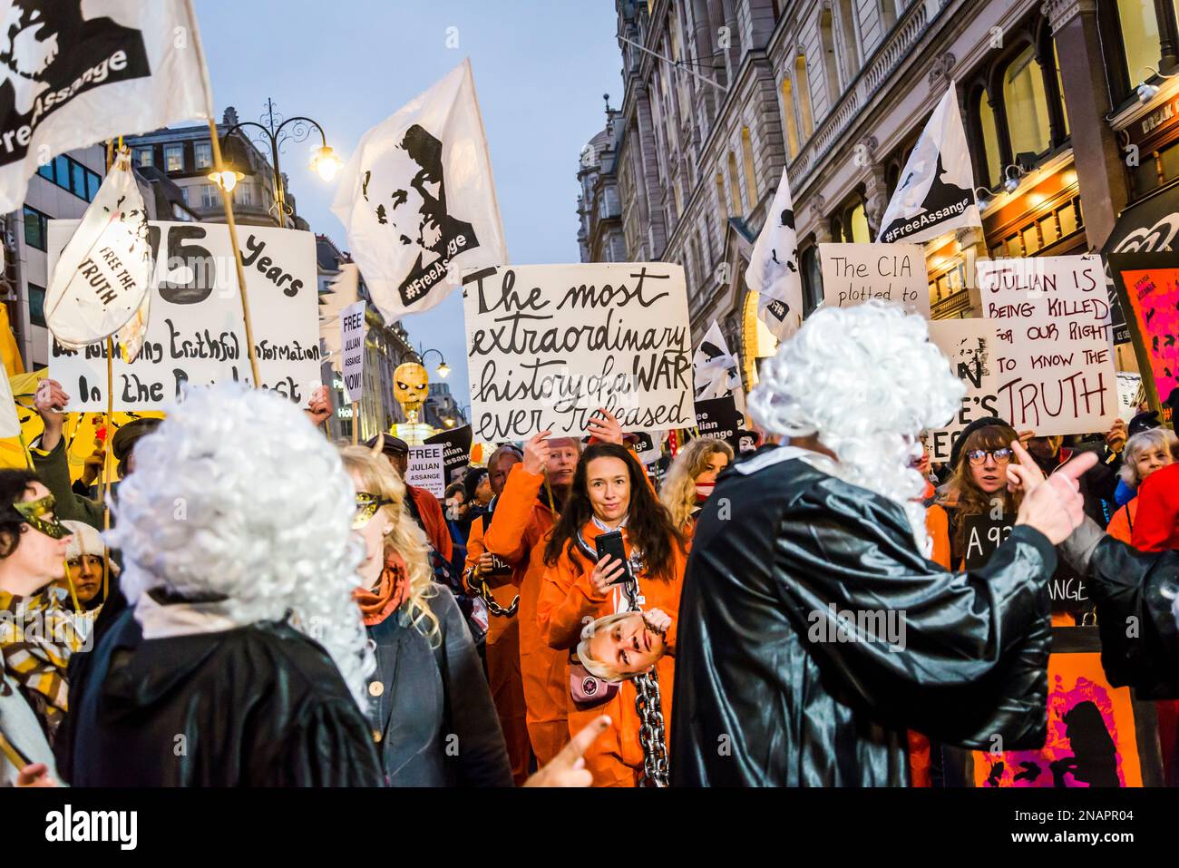 Supporters of WikiLeaks founder Julian Assange hold a 'Night Carnaval' to demand his release from prison, London, England, UK 01/02/2023 Stock Photo