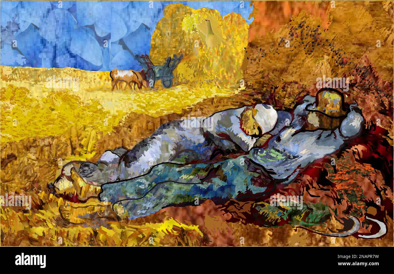 Van Gogh Replica Lunch break at the hay harvest Stock Vector