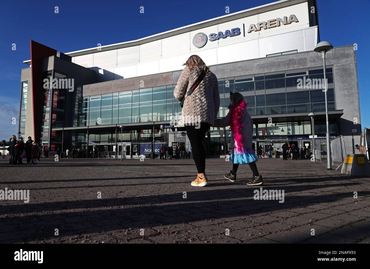 Audience arriving during Saturday's audience rehearsal before competition no. 2 in Melodifestivalen, Saab arena, Linköping, Sweden. Stock Photo