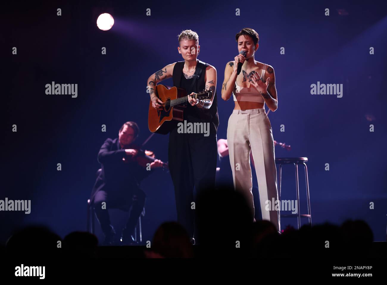 Eden Alm, during Saturday's audience rehearsal before competition no. 2 in Melodifestivalen, Saab arena, Linköping, Sweden. Stock Photo