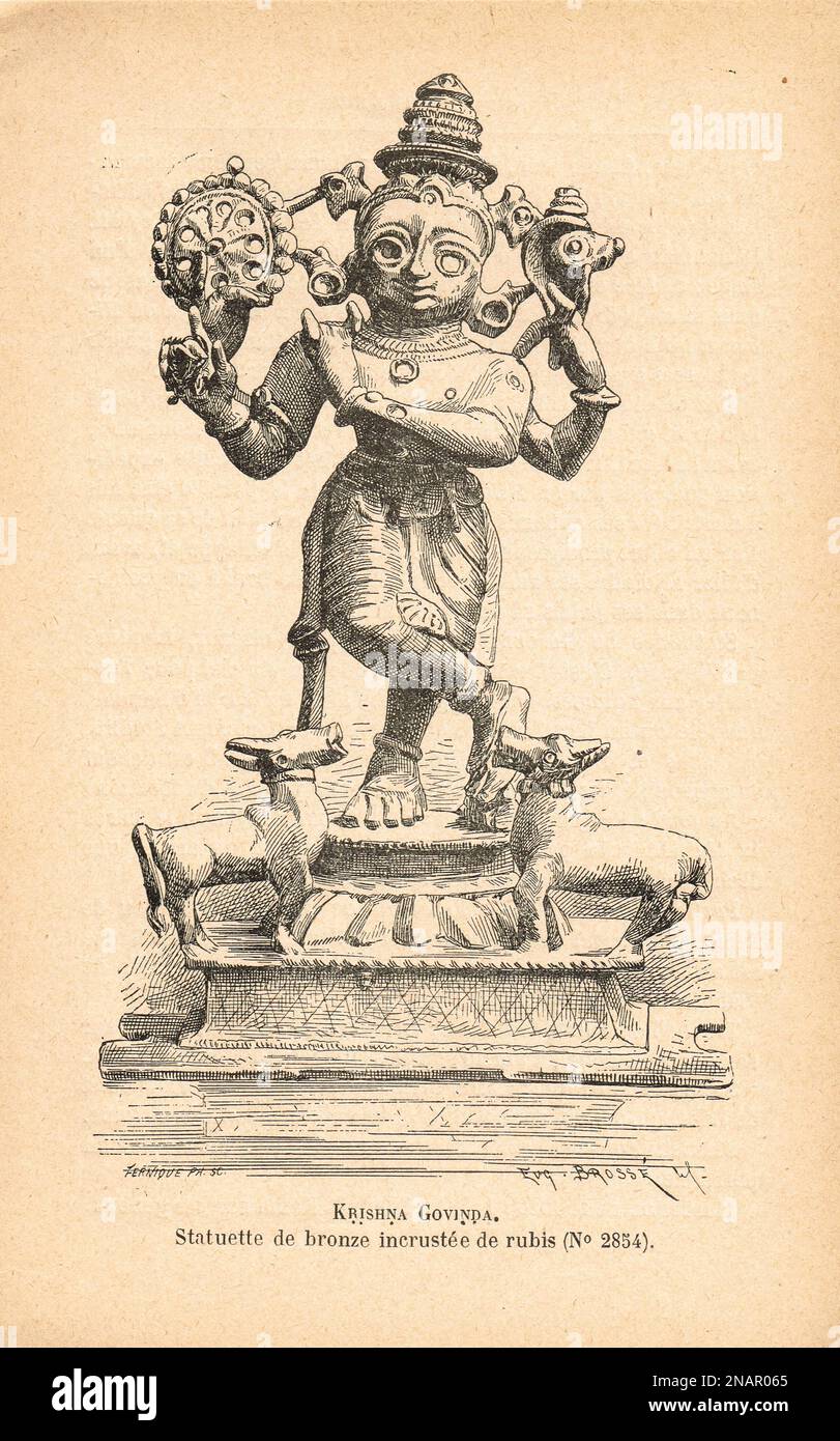 Krishna, Govinda, major deity in Hinduism, worshipped as the eighth avatar of Vishnu, and also as the Supreme god in his own right, god of protection, compassion, tenderness, and love,19th century illustration of a bronze.statuette encrusted with rubies Stock Photo