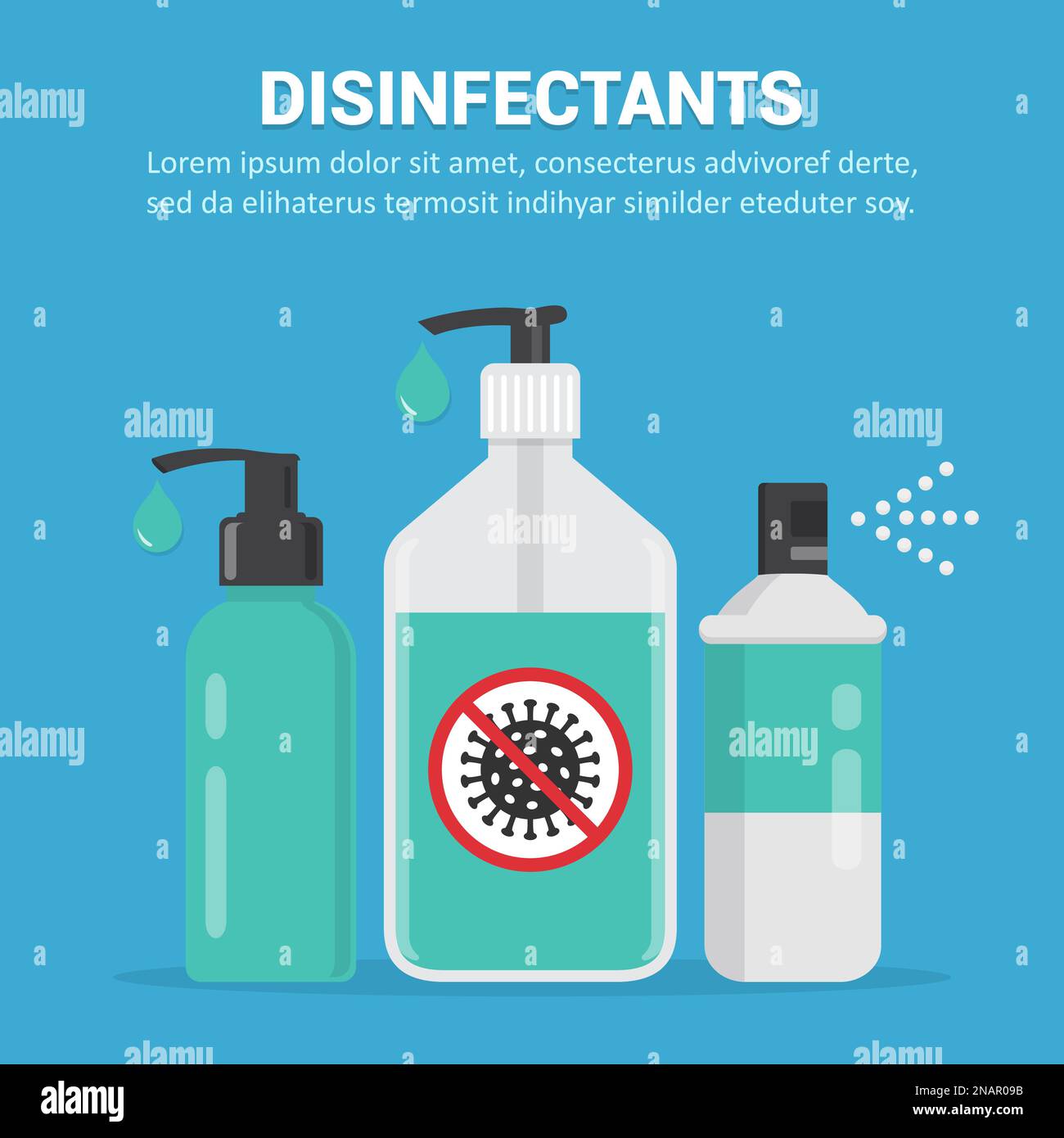 Disinfectants. Gel sanitizer, liquid soap and spray in a flat design Stock Vector Image & Art