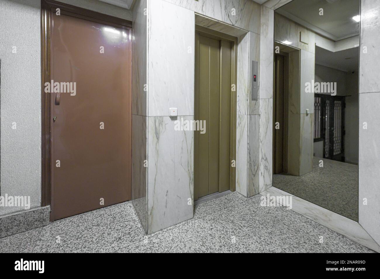 Interior of a residential housing portal with an elevator with green
