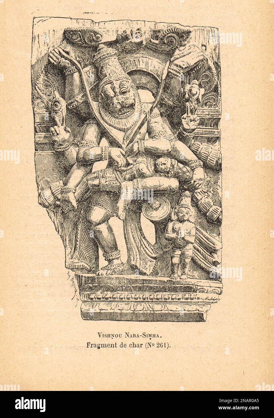 Vishnu Narasimha, the man lion, 4th avatar of the Hindu god  Vishnu. Part-lion, part-man slaying Hiranyakashipu.  19th century illustration of a chariot fragment published 1894 Stock Photo