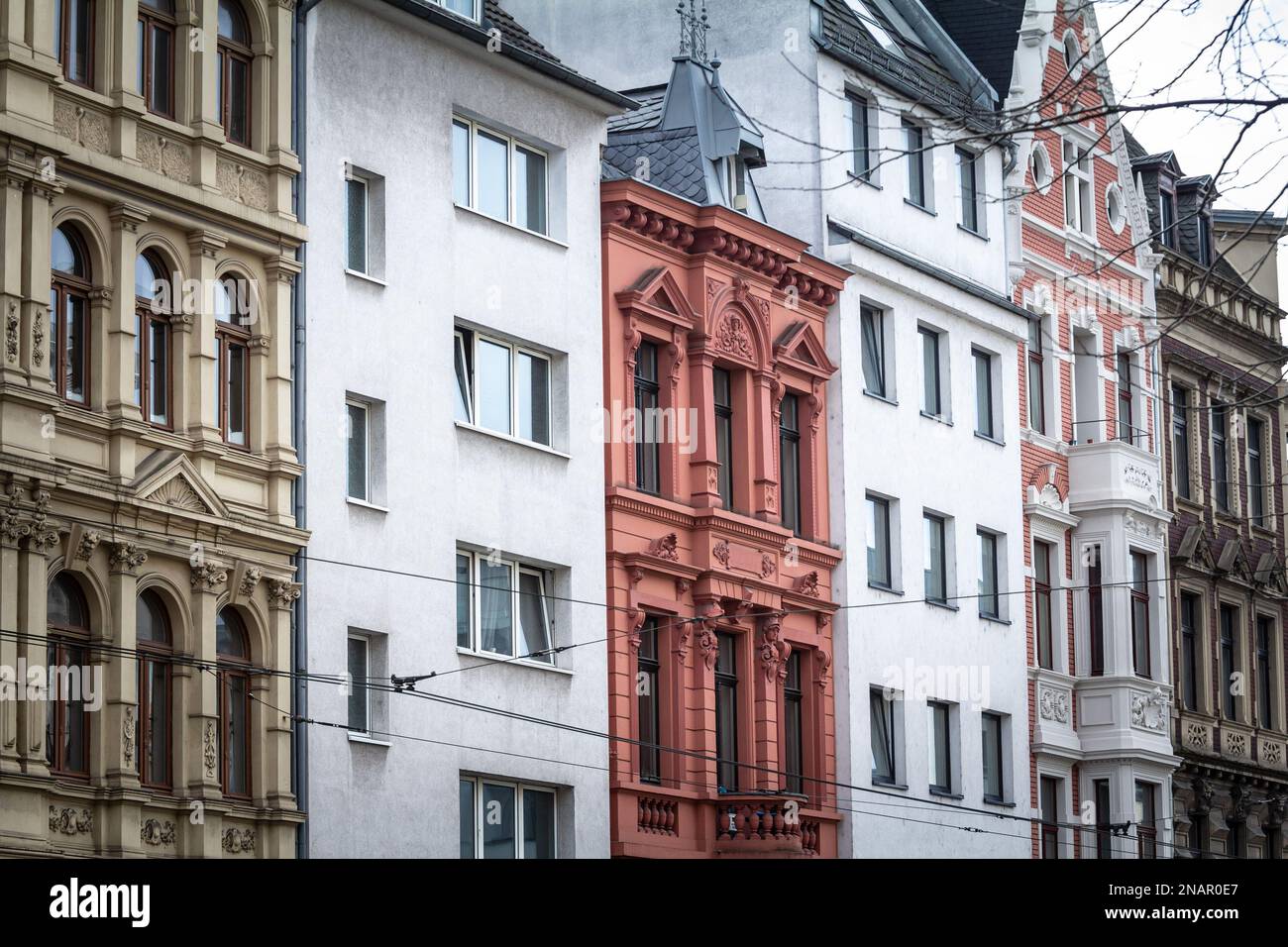Picture of facades of residential building, with a vintage german architecture, in the city center of Cologne, Germany. Stock Photo