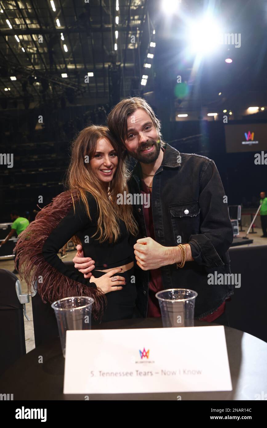 Tennessee Tears, Tilda Feuk and Jonas Hermansson, after Saturday's competition no. 2 in Melodifestivalen, Saab arena, Linköping, Sweden. Stock Photo