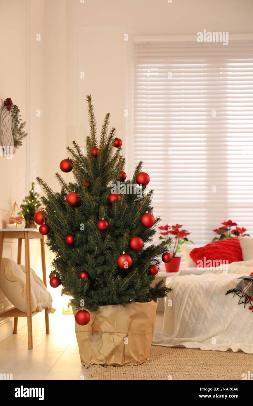 Beautiful decorated Christmas tree in bedroom. Interior design Stock
