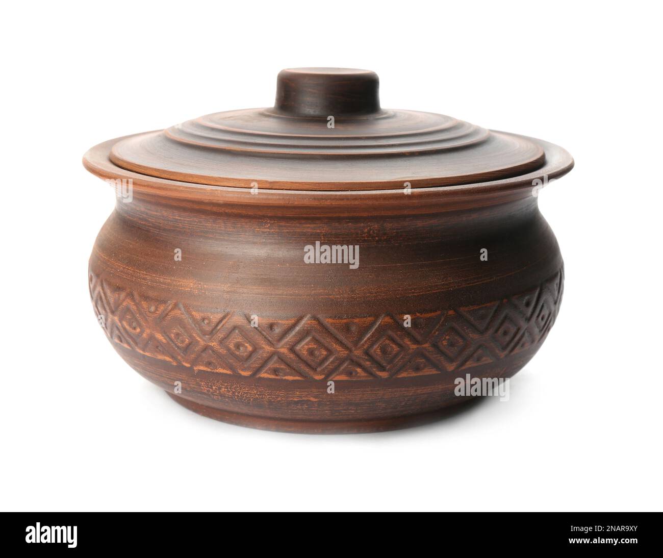 Stylish brown clay pot isolated on white Stock Photo - Alamy