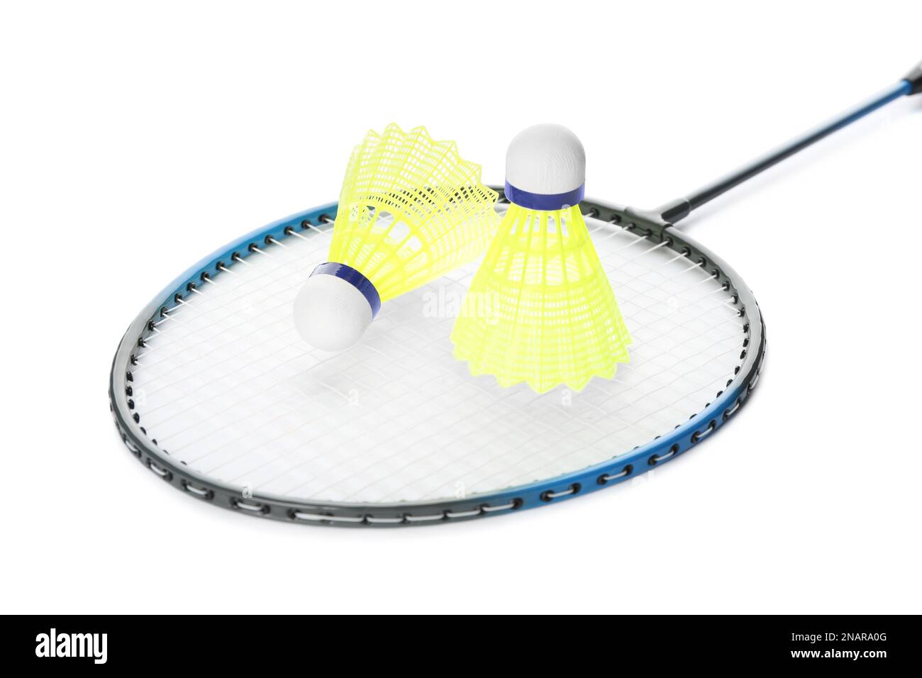 Badminton racket and shuttlecocks on white background Stock Photo