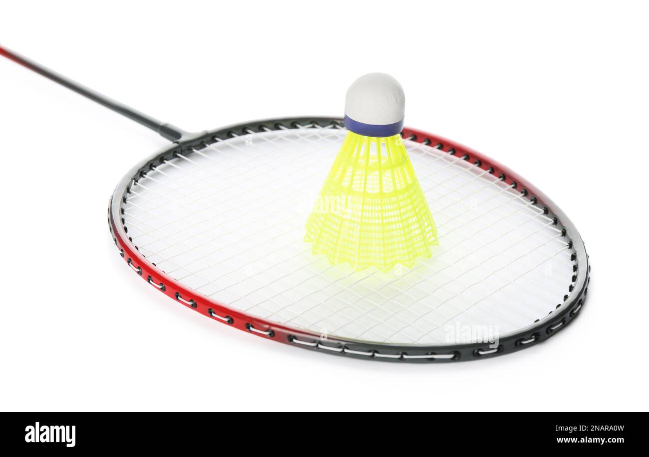 Badminton racket and shuttlecock on white background Stock Photo - Alamy