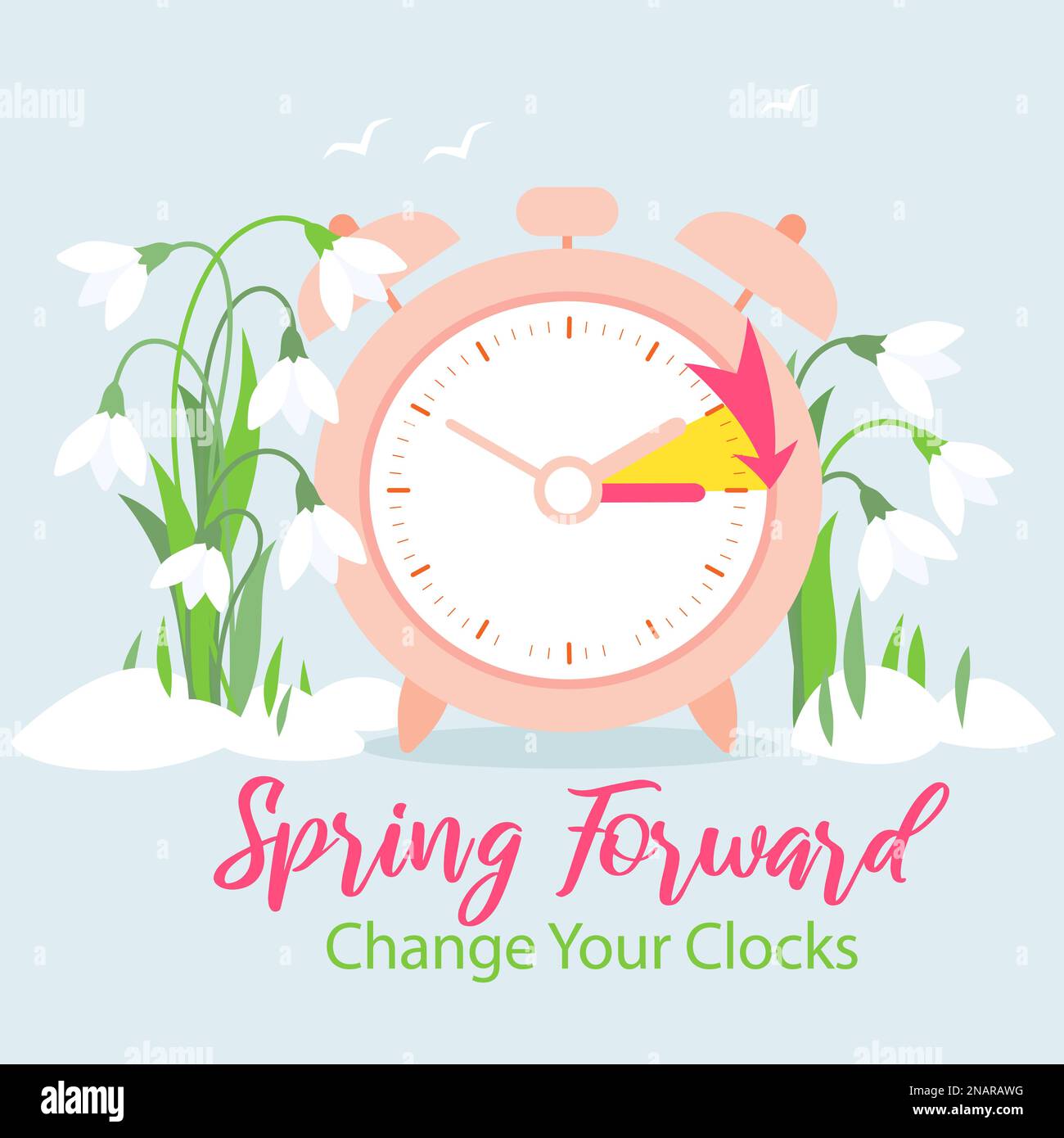 Daylight Saving Time Begins banner. Spring Forward. Guide banner with clocks Stock Vector