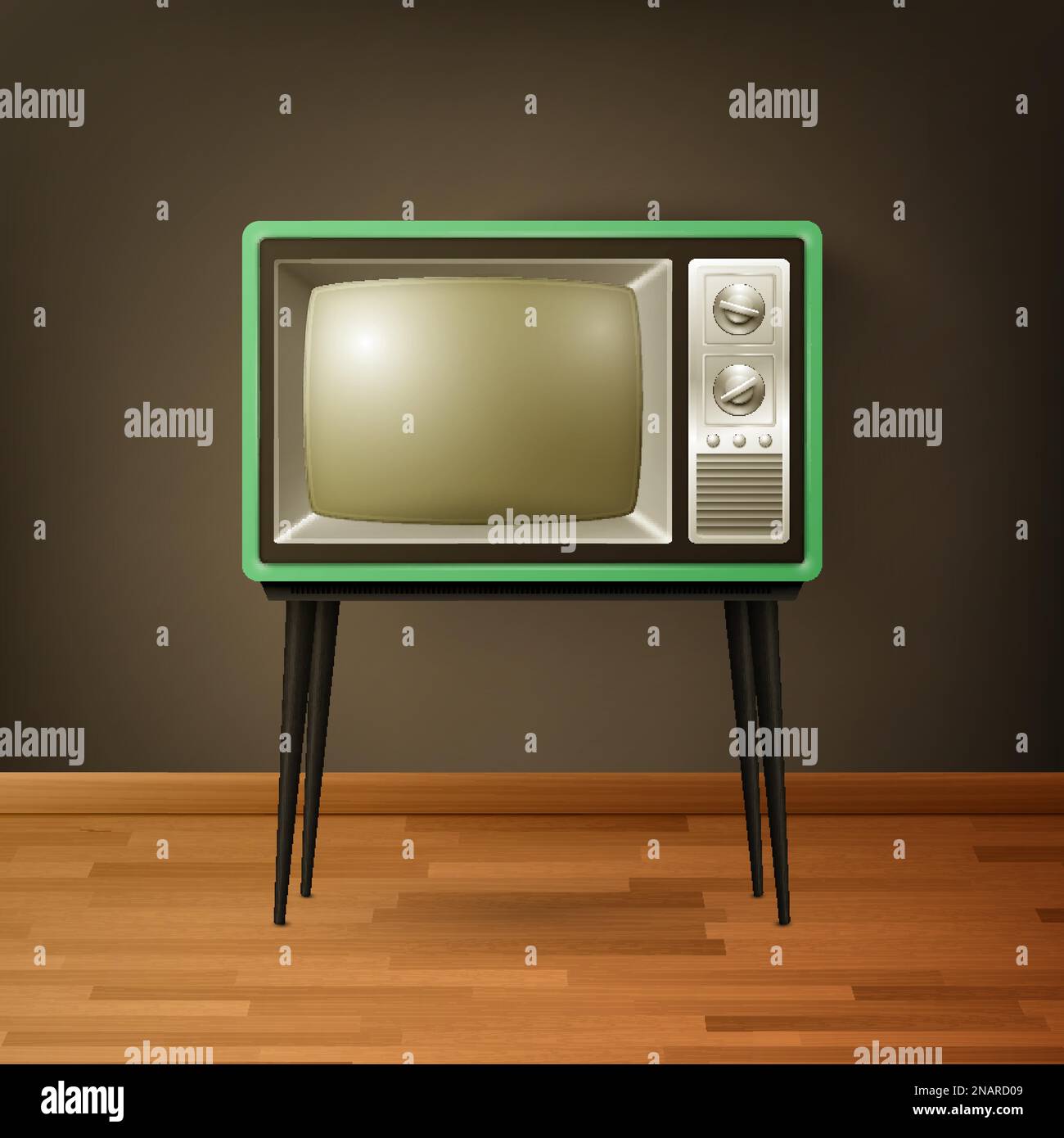 Vector 3d Realistic Retro TV Receiver on Wooden Floor. Home Interior Design Concept. Vintage TV Set, Television, Front View Stock Vector
