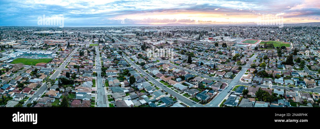 San leandro Bay Area. Sunset Drone Panorama. Stock Photo