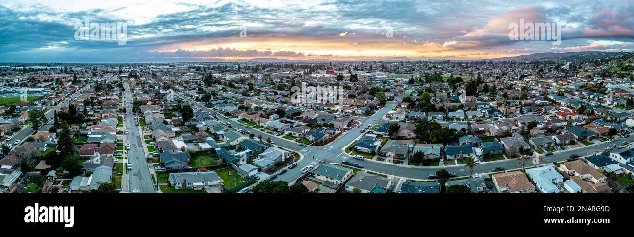 San leandro Bay Area. Sunset Drone Panorama. Stock Photo