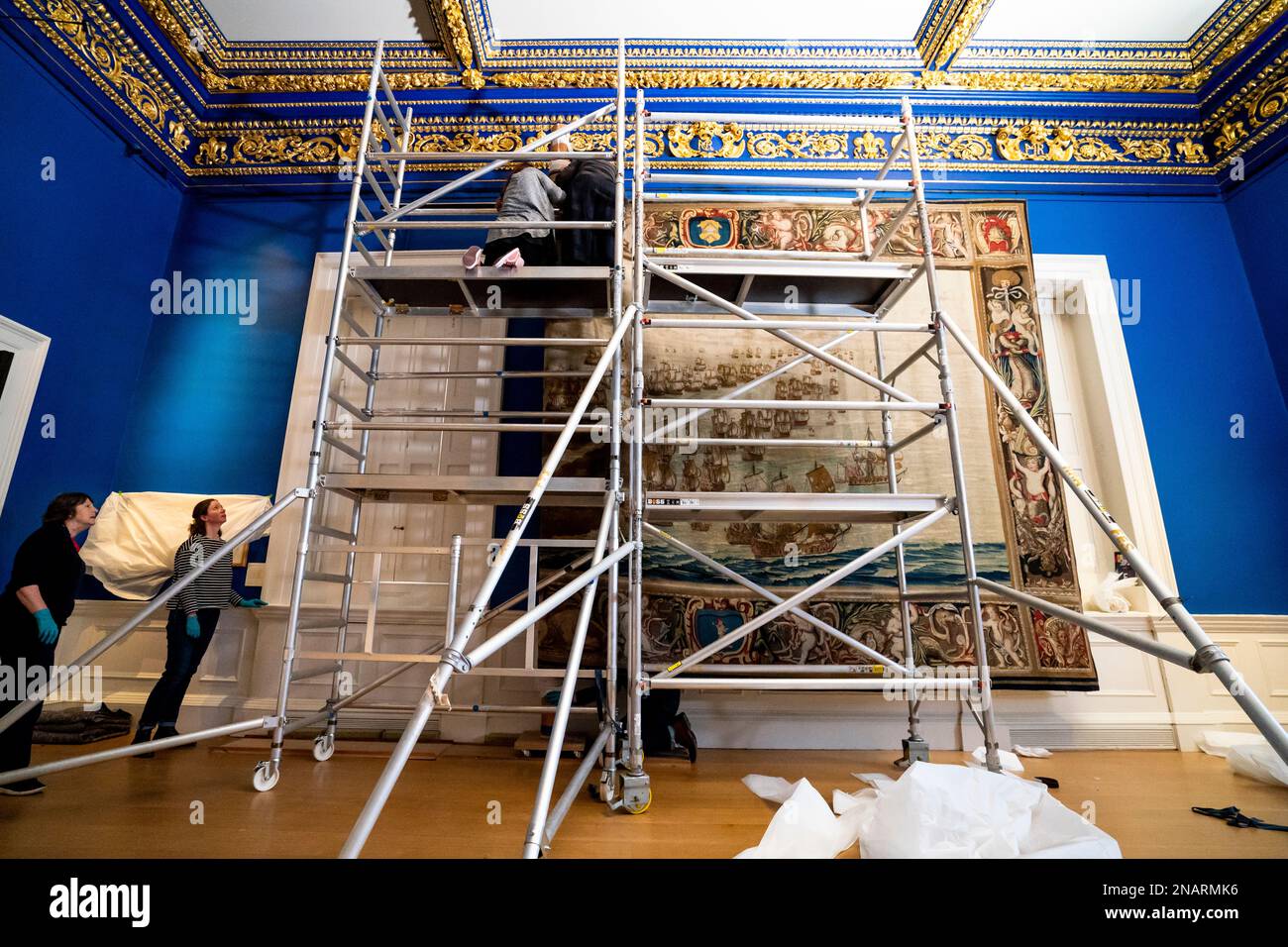 The Solebay Tapestry being installed in the King's Presence Chamber at the Queen's House in 
